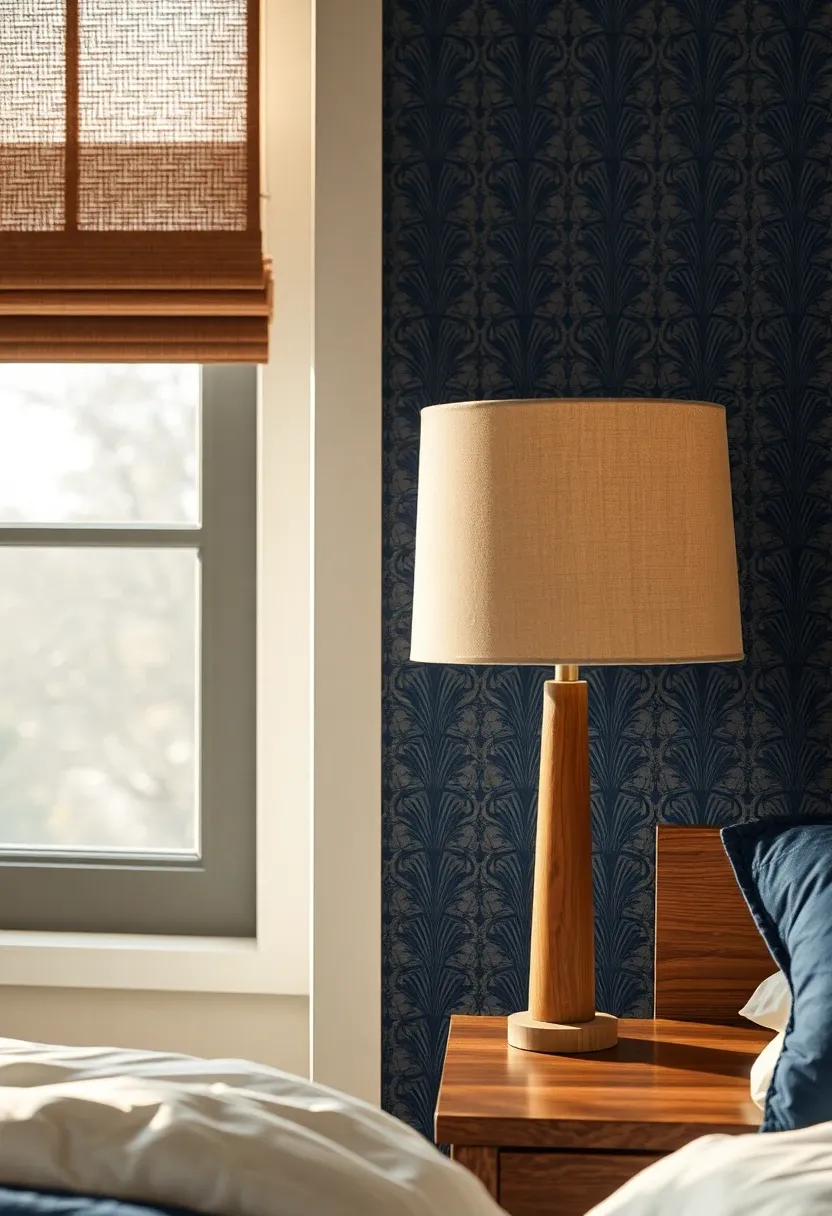 Patterned navy wallpaper panel