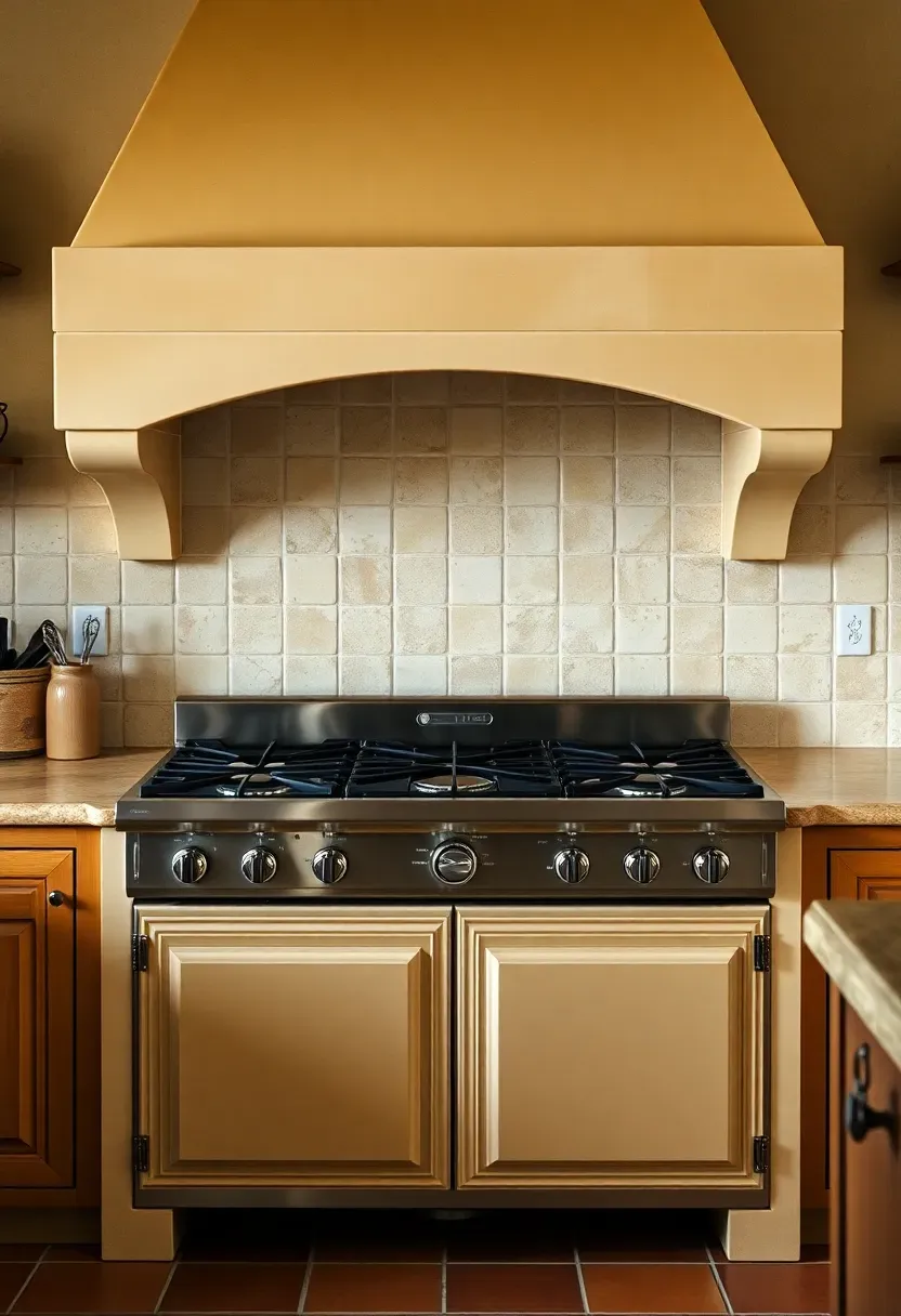 travertine tumbled stone tile backsplash behind stove with warm beige tones and Mediterranean kitchen style