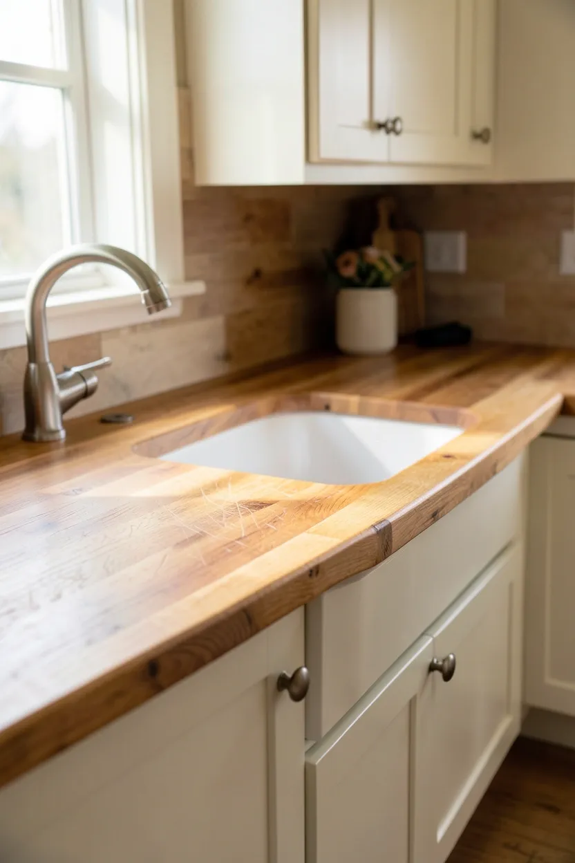 Warm honey-toned butcher block countertops with natural oil finish in an old farmhouse kitchen