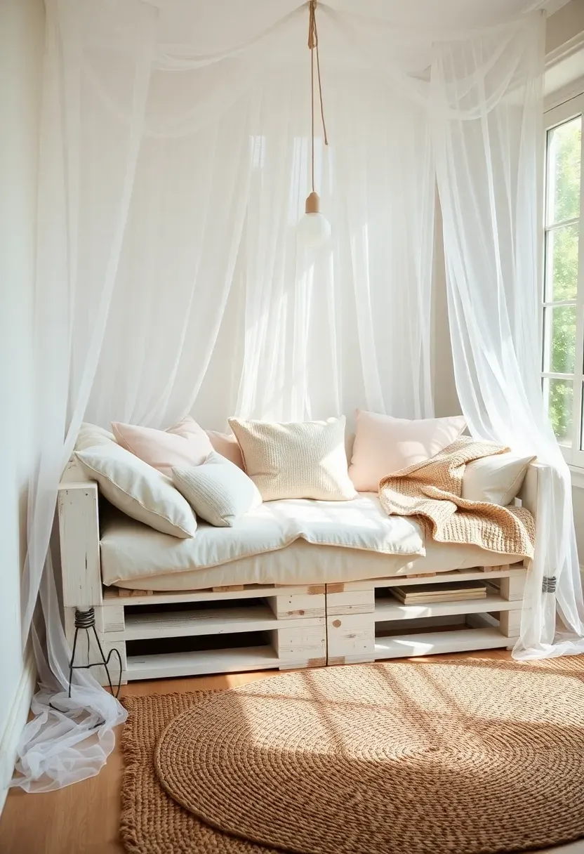 Cozy daybed with white linen canopy drape in a sun room corner with stacked cushions and a throw blanket