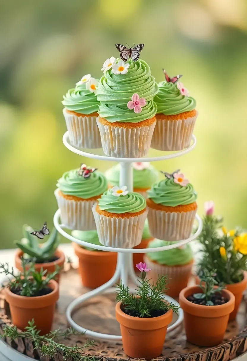 tiered cupcake display arranged like a garden with green frosting grass edible flower toppers and tiny fondant butterflies
