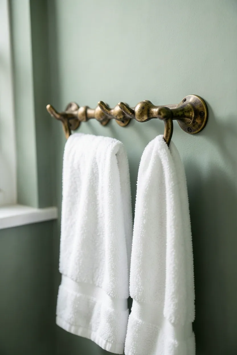 Aged patina vintage brass hooks and towel rail mounted on painted white wall in a cozy British bathroom