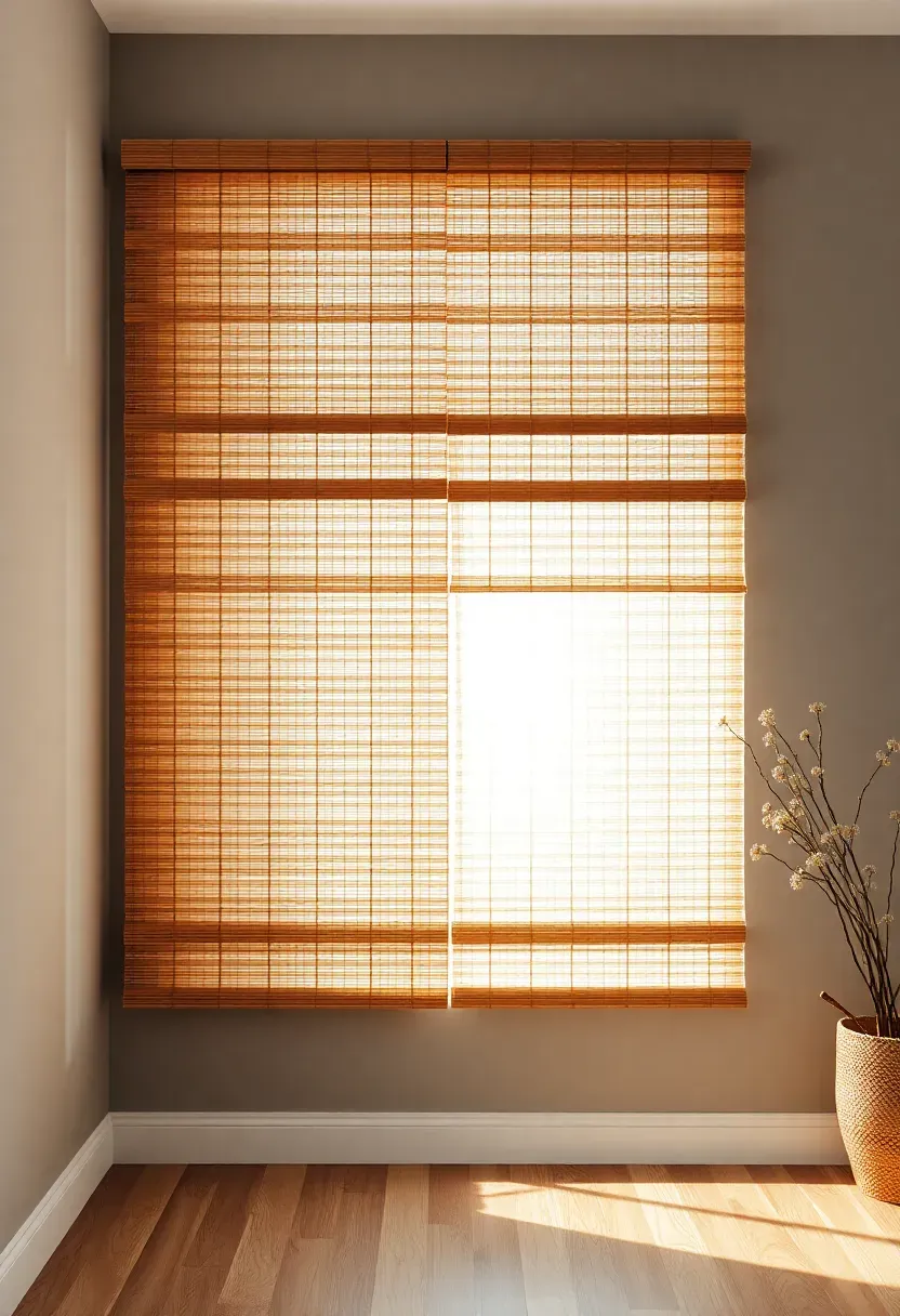 Hyper-realistic 3/4 view of an earthy modern living room window featuring natural bamboo blinds with visible bamboo slat variations layered with sheer linen panels.