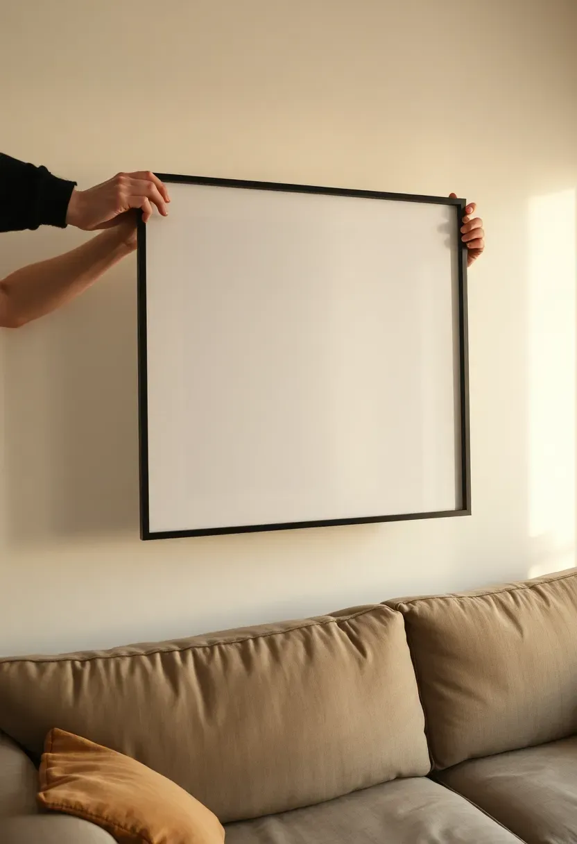 Hands holding a large framed art print flat against a warm linen-white living room wall at eye level — testing placement before committing, sofa partially visible below
