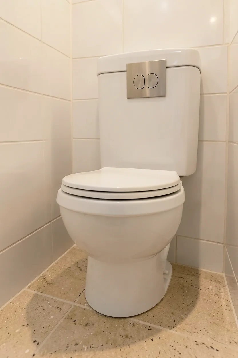 Wall-mounted toilet floating above a continuous stone floor in a minimal japandi bathroom — clean and spacious