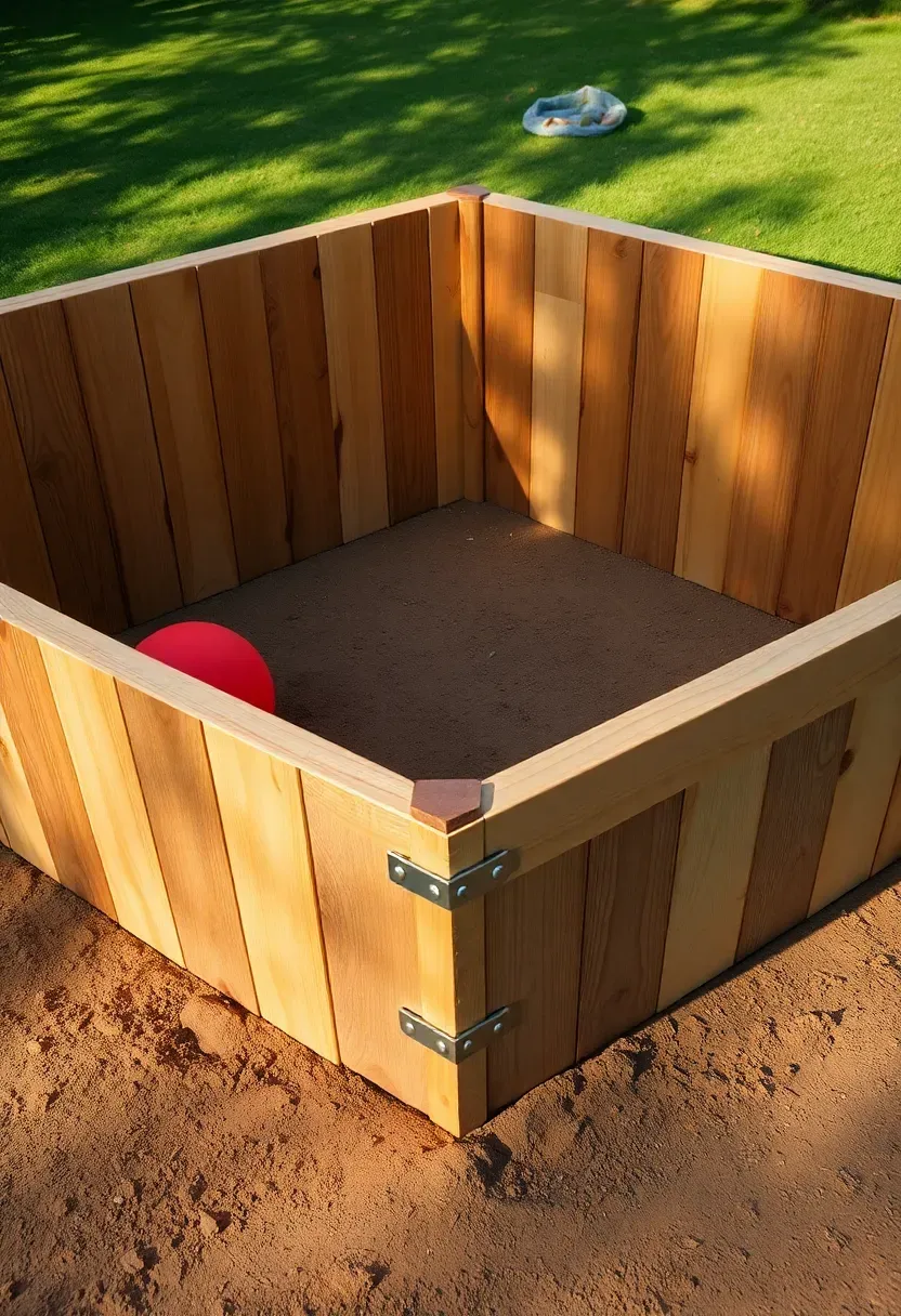 Octagonal gaga ball pit built from wooden boards in a backyard with kids playing inside on a compacted dirt floor