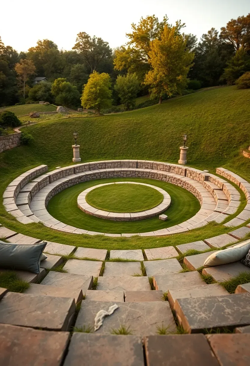 A backyard amphitheater with curved rows of stone paver seating built into a grassy hillside facing a flat turf stage area at the bottom