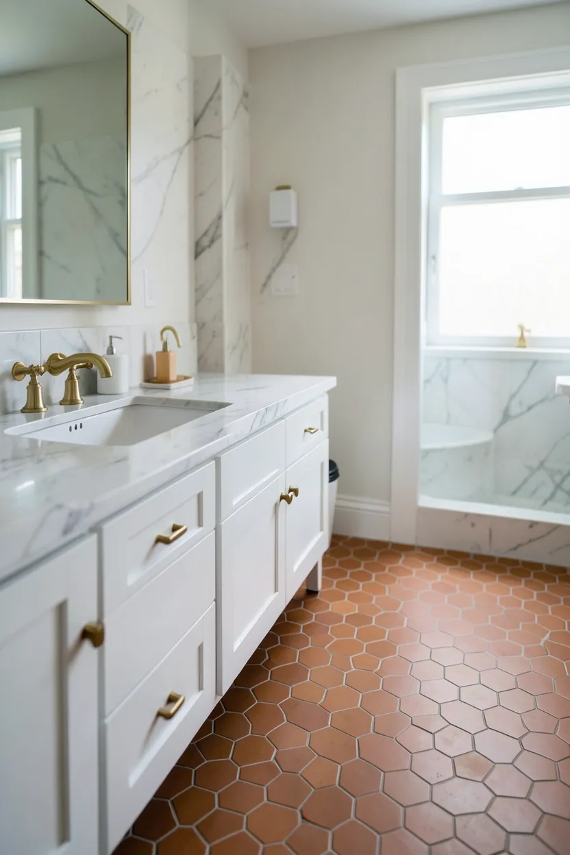 Large bathroom mirror with a terracotta tile mosaic frame above a minimal vanity with warm neutral walls