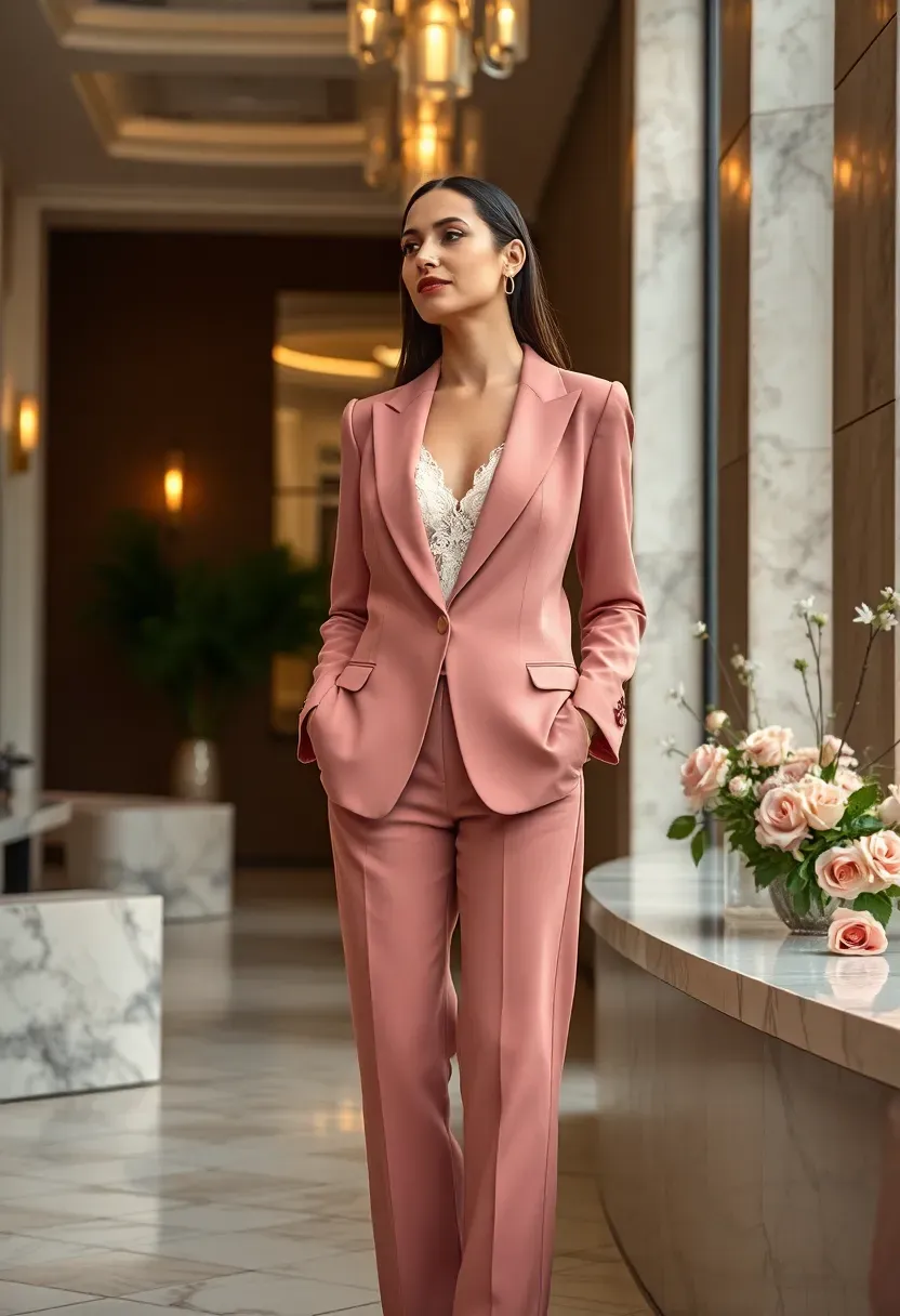 woman in a dusty rose pantsuit with delicate jewellery at a sophisticated winter baby shower