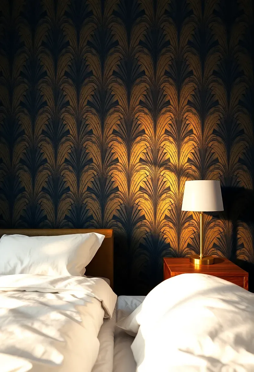 bedroom accent wall covered in bold geometric peel-and-stick wallpaper in navy and gold