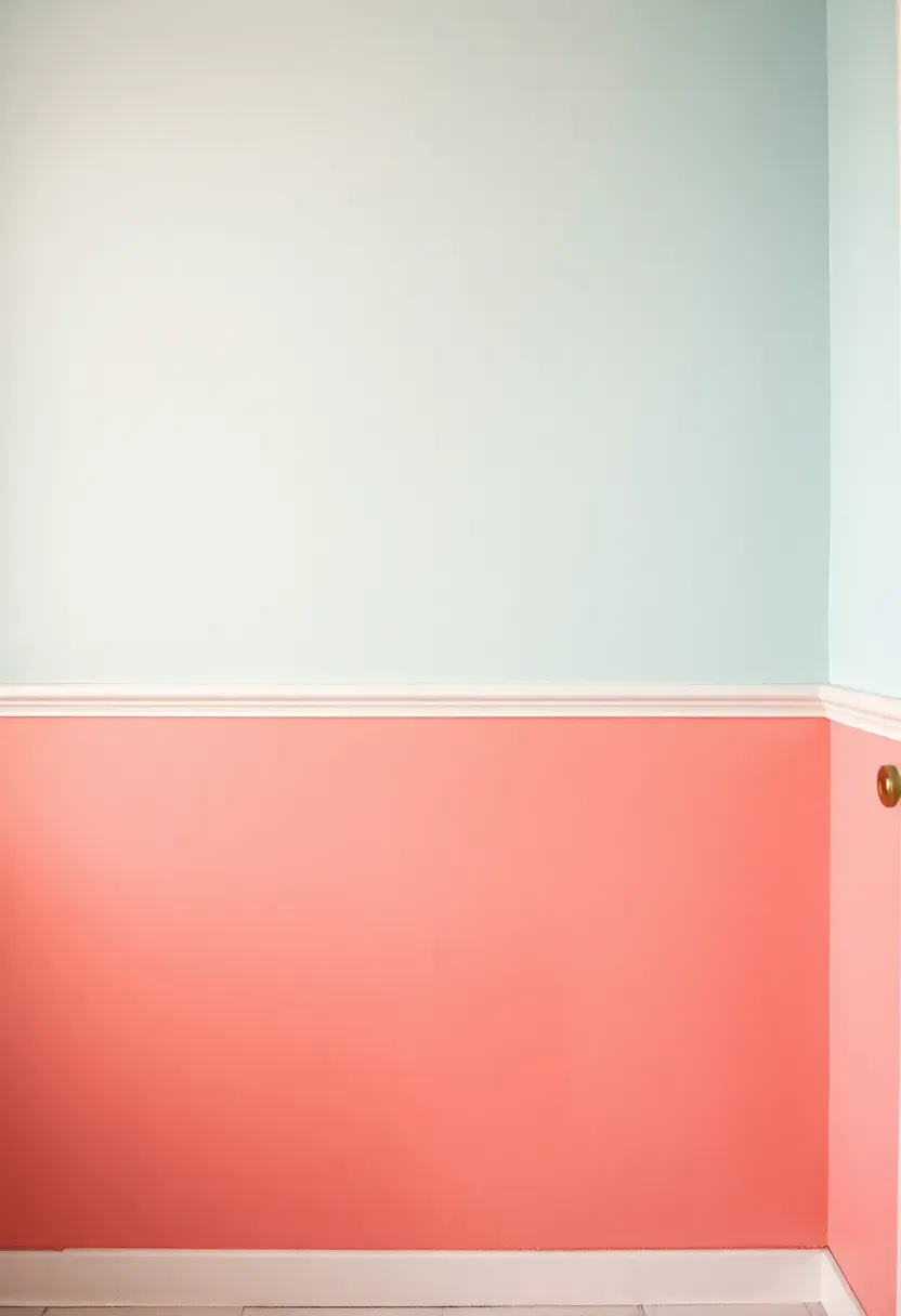 Bathroom wall with two-tone paint treatment dividing powder blue above and coral pink below