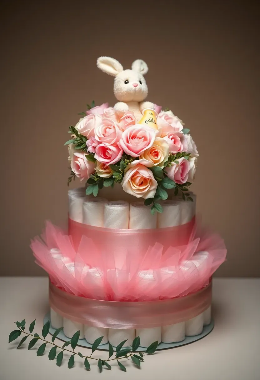 Floral diaper cake with blush tulle skirt and faux garden roses for baby in bloom baby shower