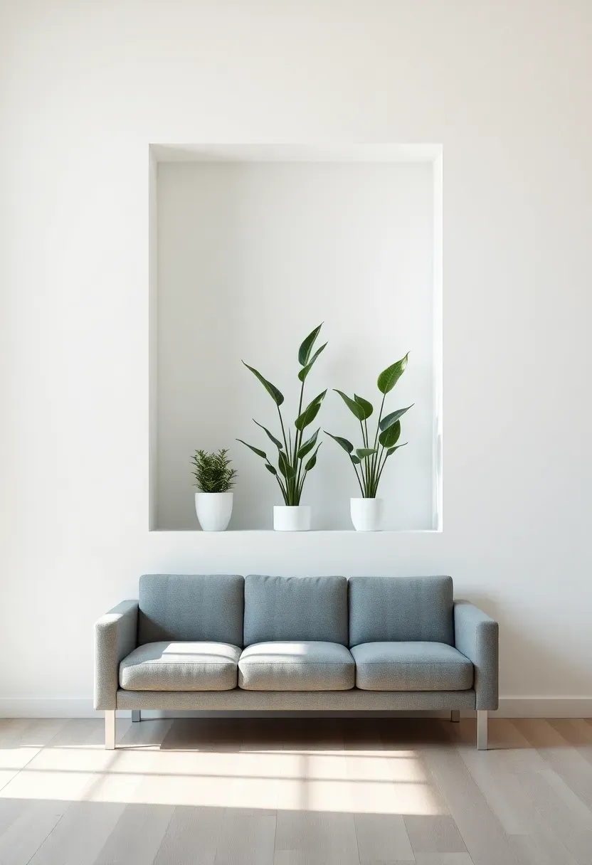 Hyper-realistic frontal view of minimalist white wall with built-in rectangular planter niche at 40-inch height. Niche contains three plants: tall dracaena center, flanked by medium prayer plants. All in white low-profile pots that are nearly hidden. Recessed niche creates shadow line around opening. Below: gray sofa with back aligning with planter bottom. Light wood floor. Empty white walls elsewhere. Materials: white painted drywall, matte white planters, variegated leaves. Soft diffused light from window, gentle shadows within niche reveal. Architectural minimalist mood where built-in planter creates permanent integrated greenery feature.</p>