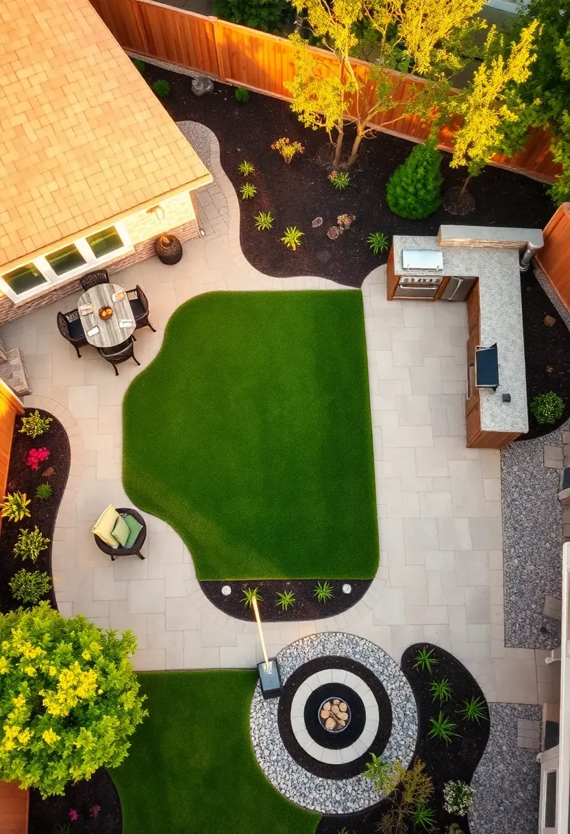 Aerial view of a fully remodeled backyard with new patio, landscaping, outdoor kitchen, and lawn area