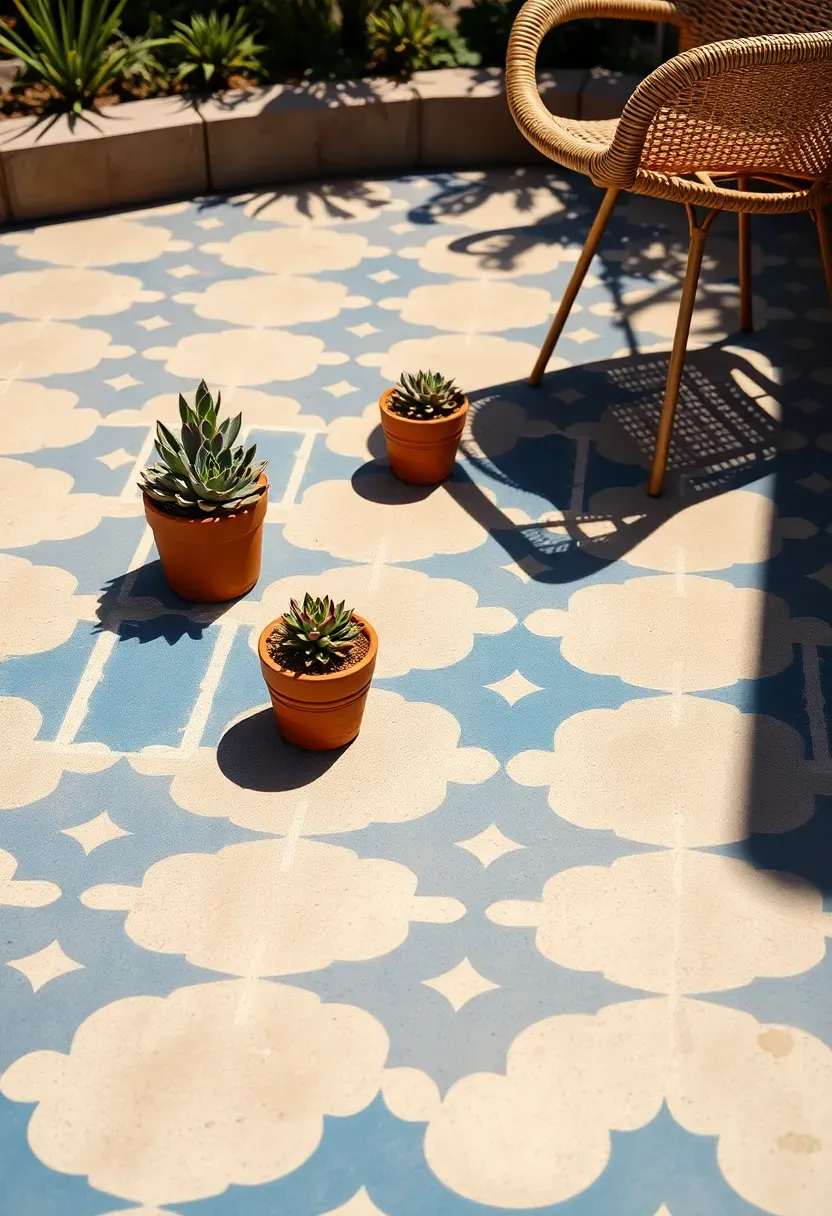 A stenciled concrete backyard patio with a Moroccan tile pattern in blue and white tones with potted succulents