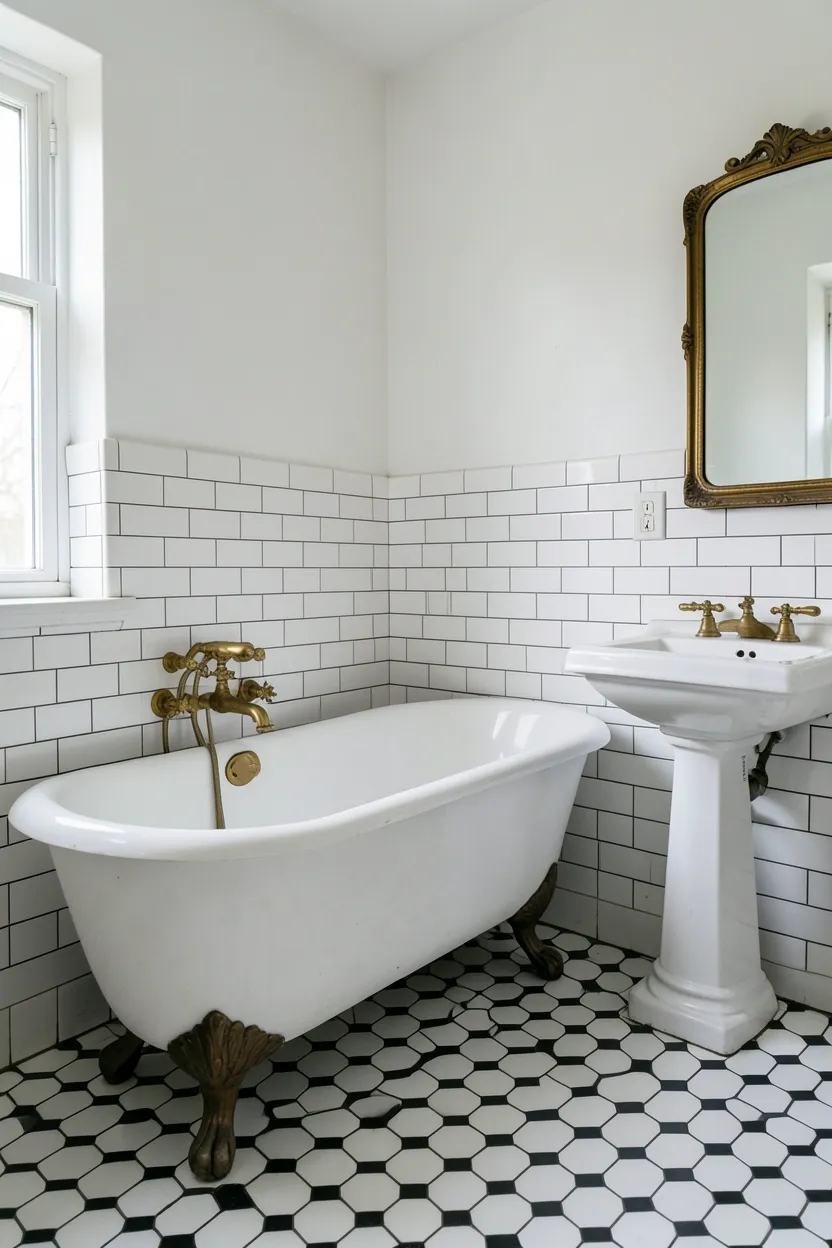 Vintage white bathroom with porcelain clawfoot tub, brass fixtures, white subway tile wainscoting, and black-and-white hexagon floor tiles