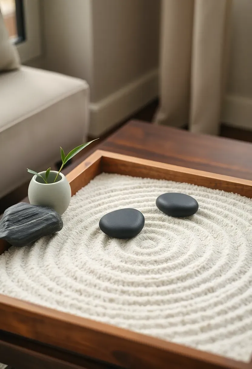 Indoor zen garden tray installation on a low wooden table with fine white sand raked into circular patterns, two smooth basalt stones, and a single sprig of fresh bamboo in a ceramic vessel