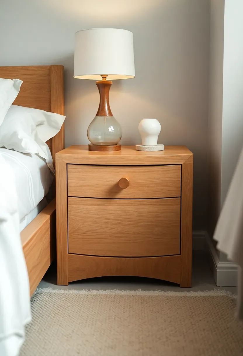 Hyper-realistic 3/4 view of curved light oak nightstand with single drawer and wooden knob. Materials: white oak with natural grain, ceramic lamp, linen coaster. Warm diffused light, neutral bedroom backdrop, minimalist mood. Sharp details on wood joinery, visible bed frame and rug. No text, no logos, no watermarks.</p>