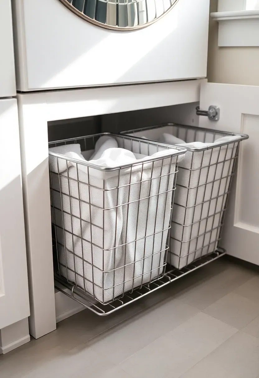 Hyper-realistic close-up view of laundry cabinet base with three pull-out wire hampers partially extended, white cabinet frame, chrome bin pulls, laundry items partially visible inside, light gray floor. Materials: painted wood cabinetry, chrome wire, cotton fabric. Soft daylight from nearby window, gentle shadow detail. Organized functional mood, shallow depth of field on bin texture. No text, no logos, no watermarks.</p>