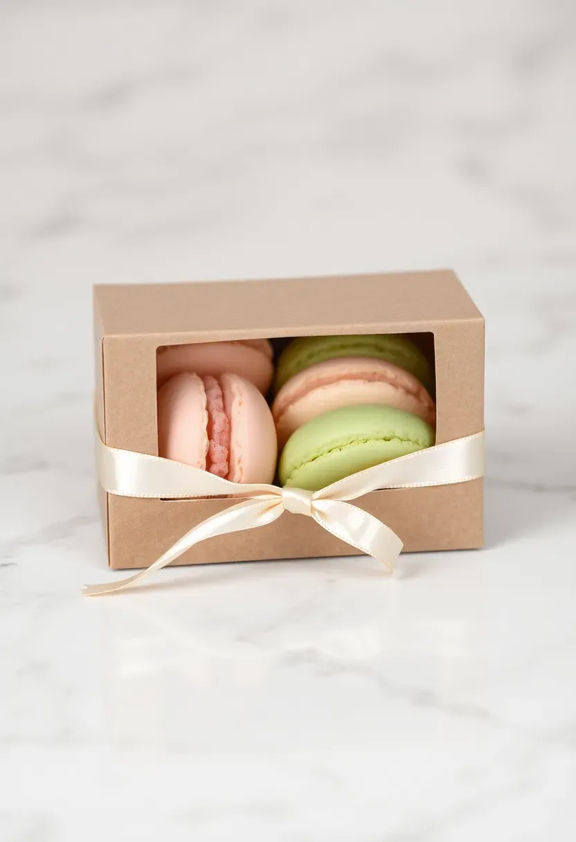 small box of pastel french macarons in pink lavender and mint tied with a thin satin ribbon