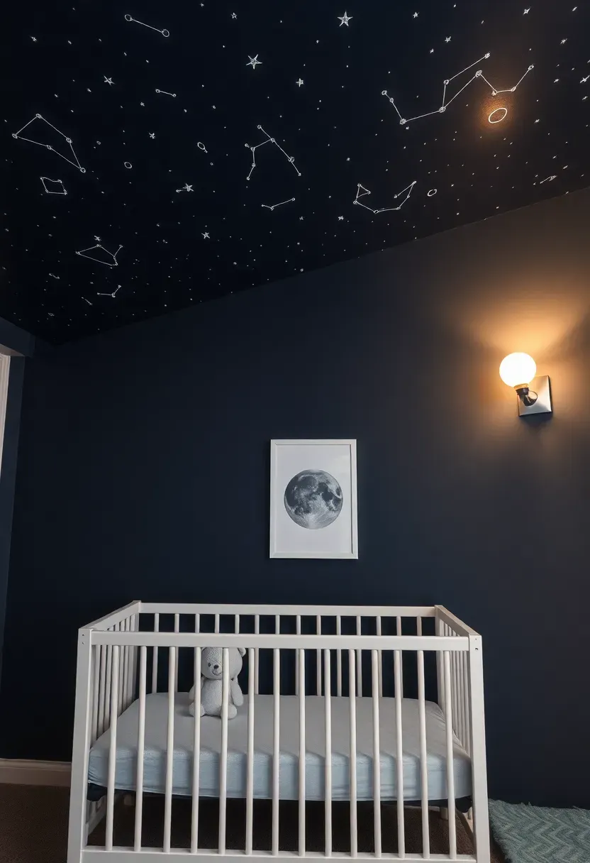 space themed boy nursery with dark navy ceiling constellation decals and rocket ship accents