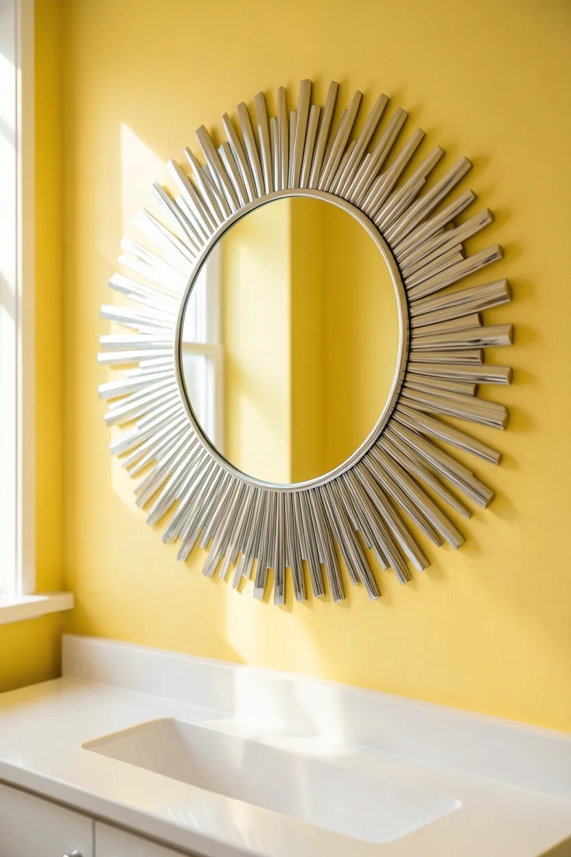 Sunshine yellow accent wall behind white vanity with sunburst mirror and brass fixtures in a cheerful bathroom
