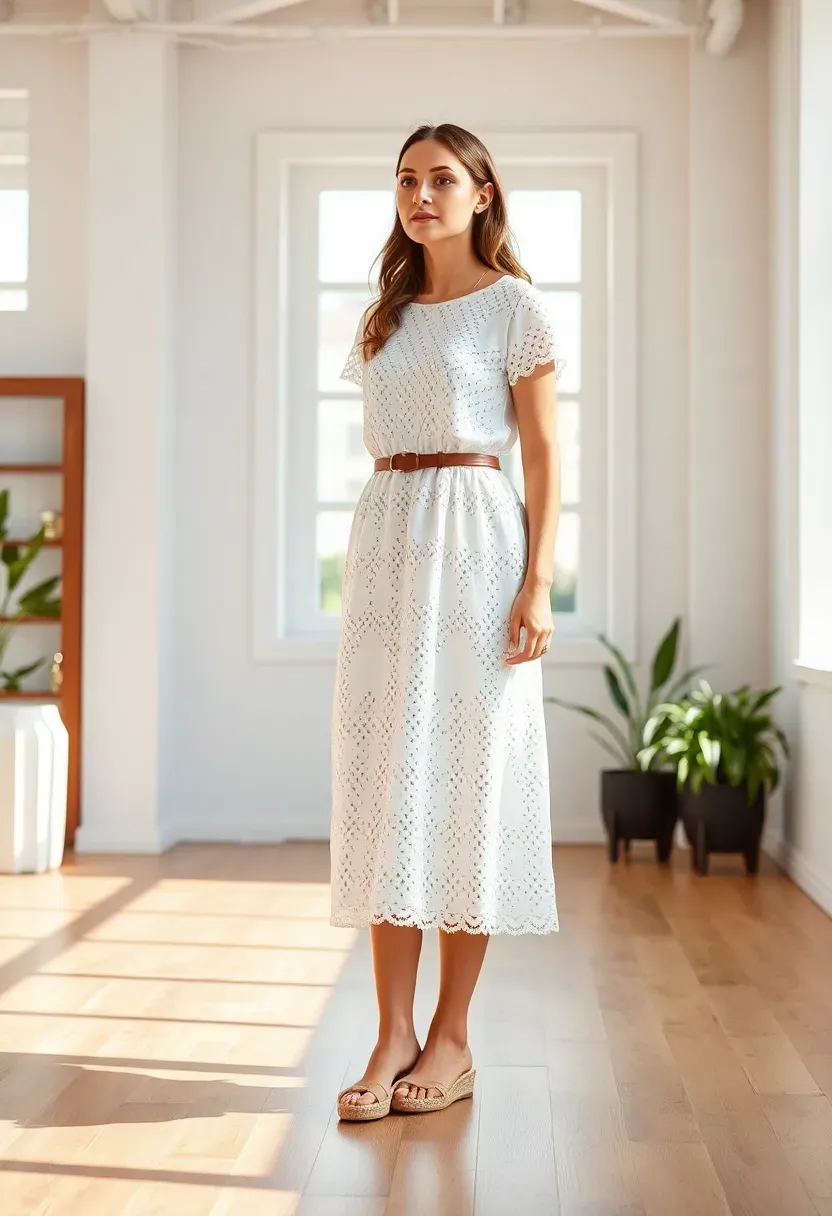 woman in a white eyelet lace A-line dress with delicate cutout patterns at a bright and airy baby shower venue