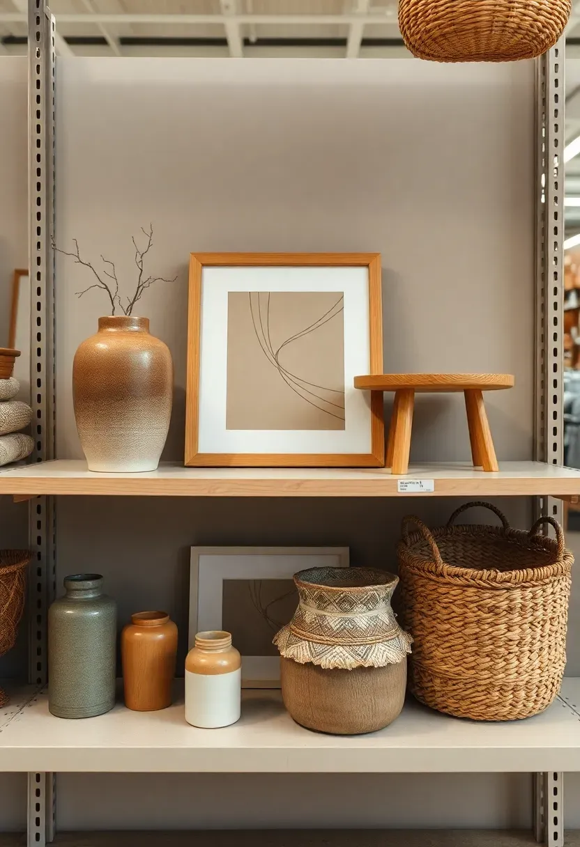 Thrift store display shelf with quality secondhand home decor: ceramic vase, solid oak side table, framed artwork, and woven basket