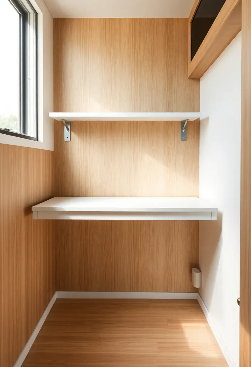 Hyper-realistic 3/4 view of a tiny house with wall-mounted folding desk, wall-mounted table, clear floor space below. Materials: white oak wall panel, white lacquer desktop, matte white walls, brushed steel brackets. Warm diffused window light, creamy neutrals with soft wood accents. Mood: adaptable, clean, efficient. Shallow depth of field, sharp details, balanced composition, soft shadows, visible room context. No text, no logos, no watermarks.</p>