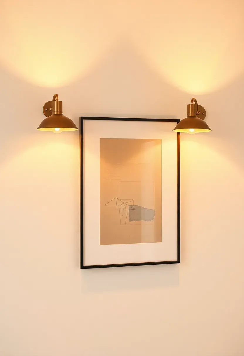 Pair of modern brass wall sconces with warm light flanking a piece of artwork in a cozy finished basement