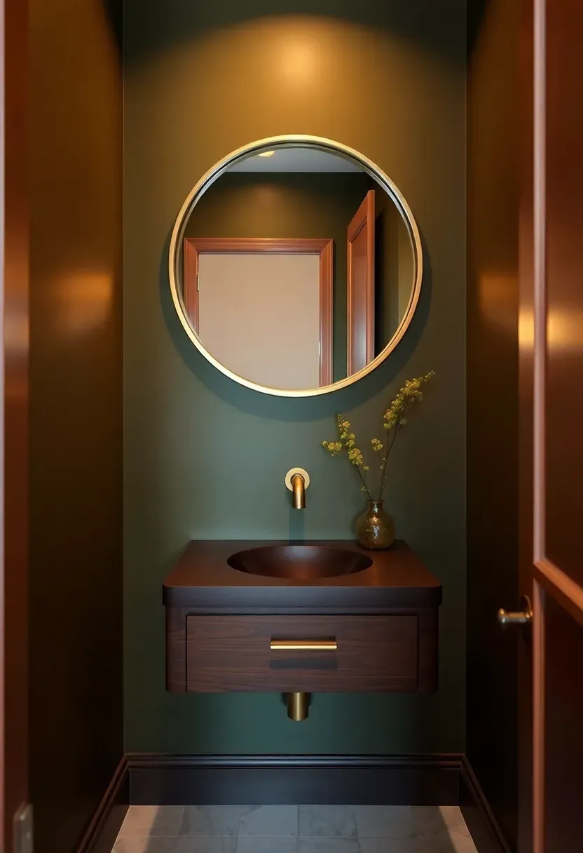 Small olive green powder room with round mirror, wall-mounted brass faucet, and dark wood vanity