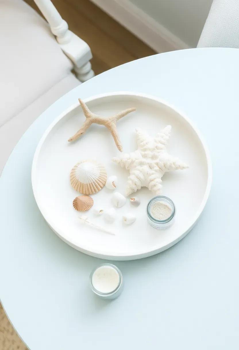 Autumn seasonal round copper tray with two small pumpkins, cinnamon sticks tied with twine, and an amber glass votive candle