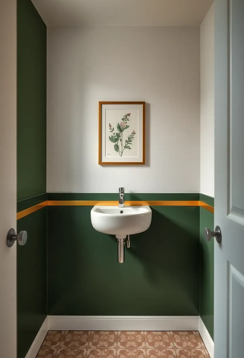 Color-blocked bathroom accent wall with deep forest green on the lower half and warm white on top separated by a brass trim strip