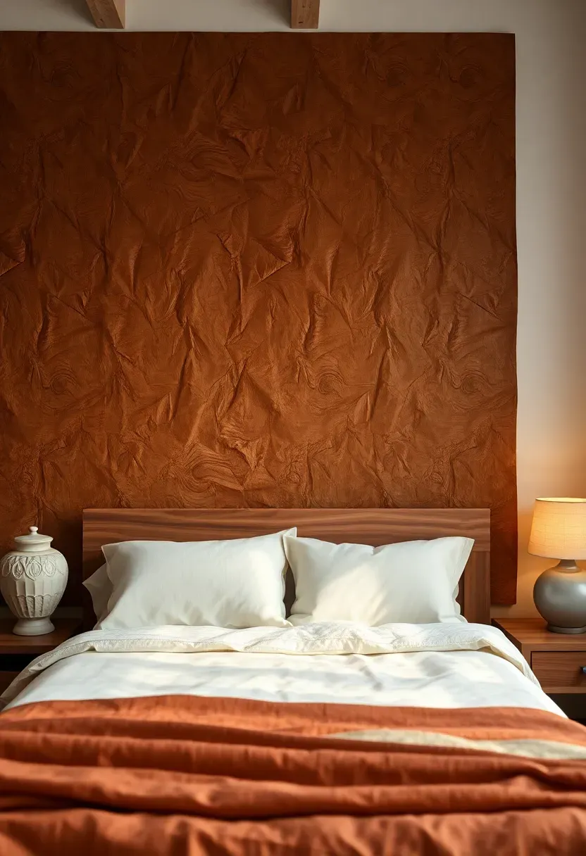 warm rustic bedroom with brown paper bag textured accent wall behind the bed creating a faux leather effect with soft warm side lighting