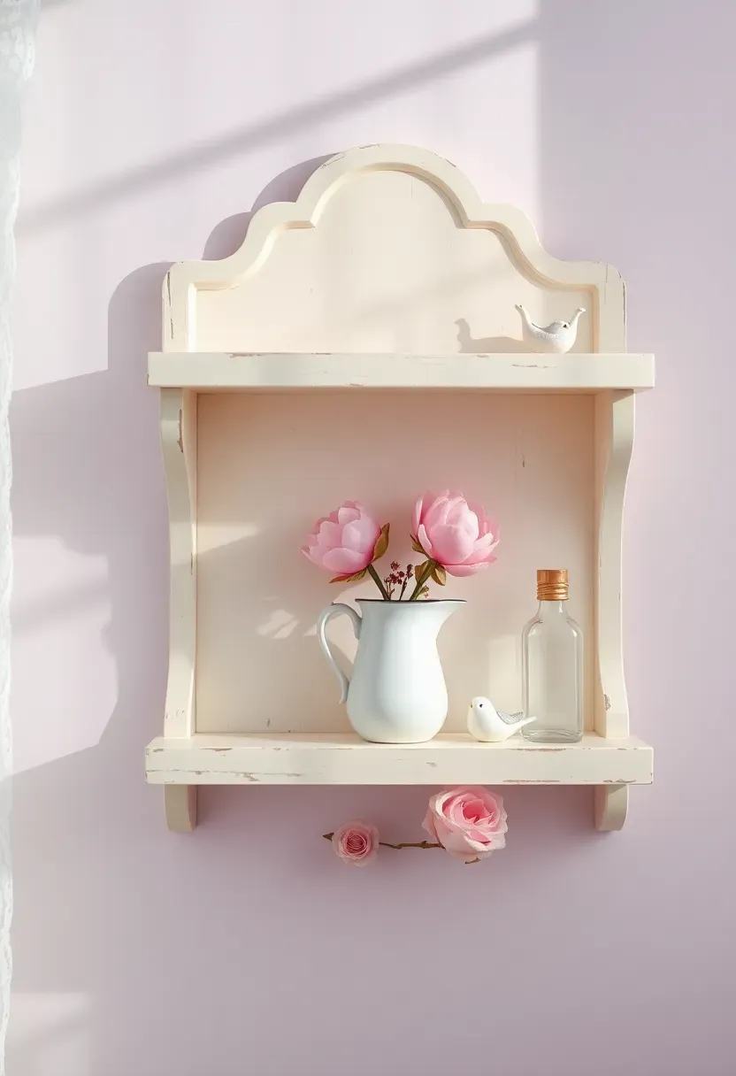 Shabby chic pastel wall shelf with dried pink peonies in a chipped enamel pitcher, hand-painted ceramic birds, and a vintage frosted glass perfume bottle on a lilac wall
