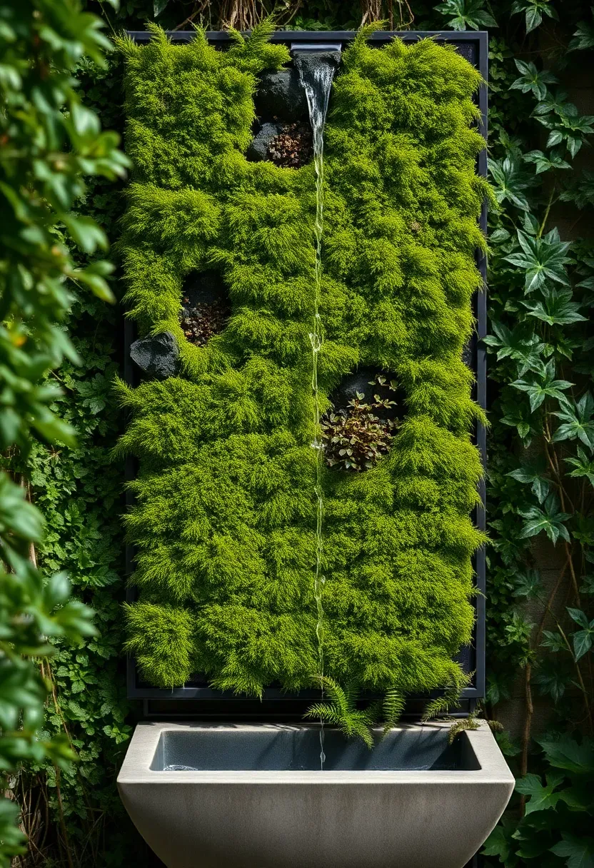 A vertical living moss wall with water trickling down its green surface into a long planter basin at the base