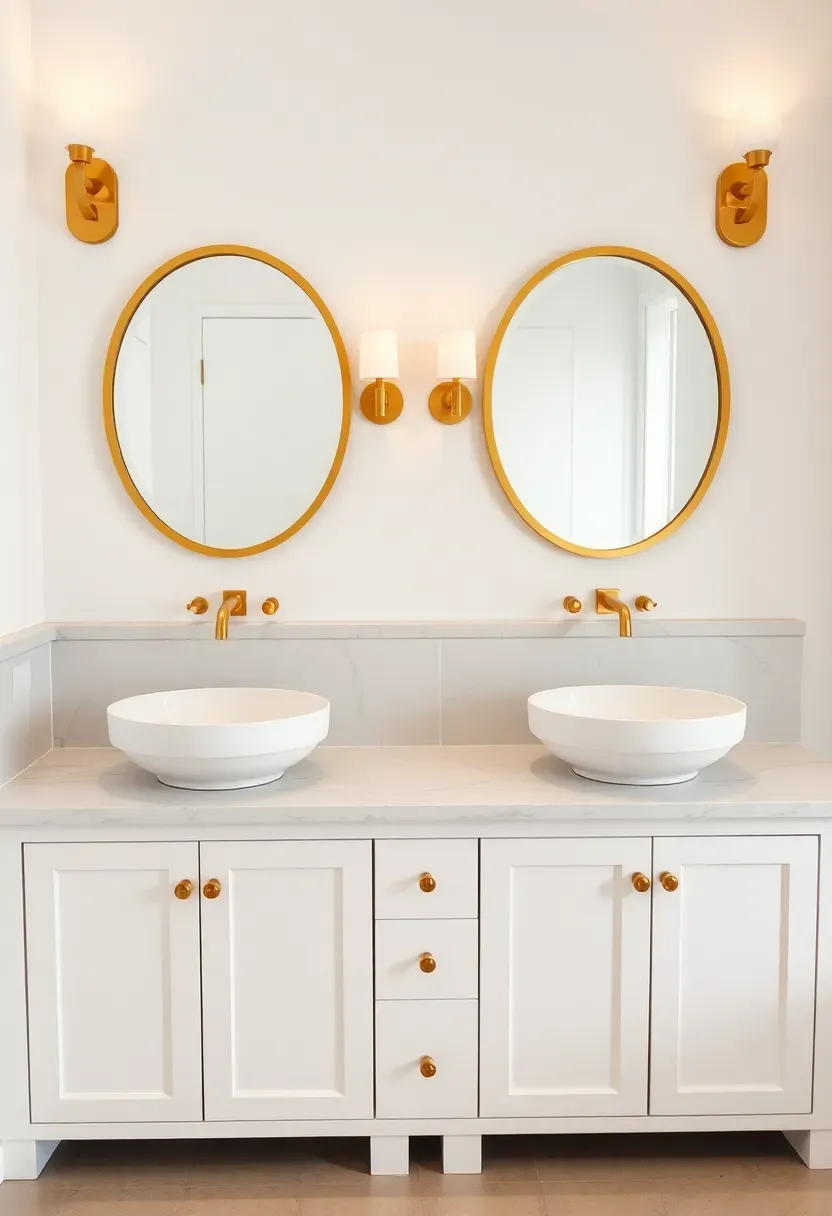 Double vanity bathroom setup with two mirrors, marble countertop, and symmetrical gold fixtures