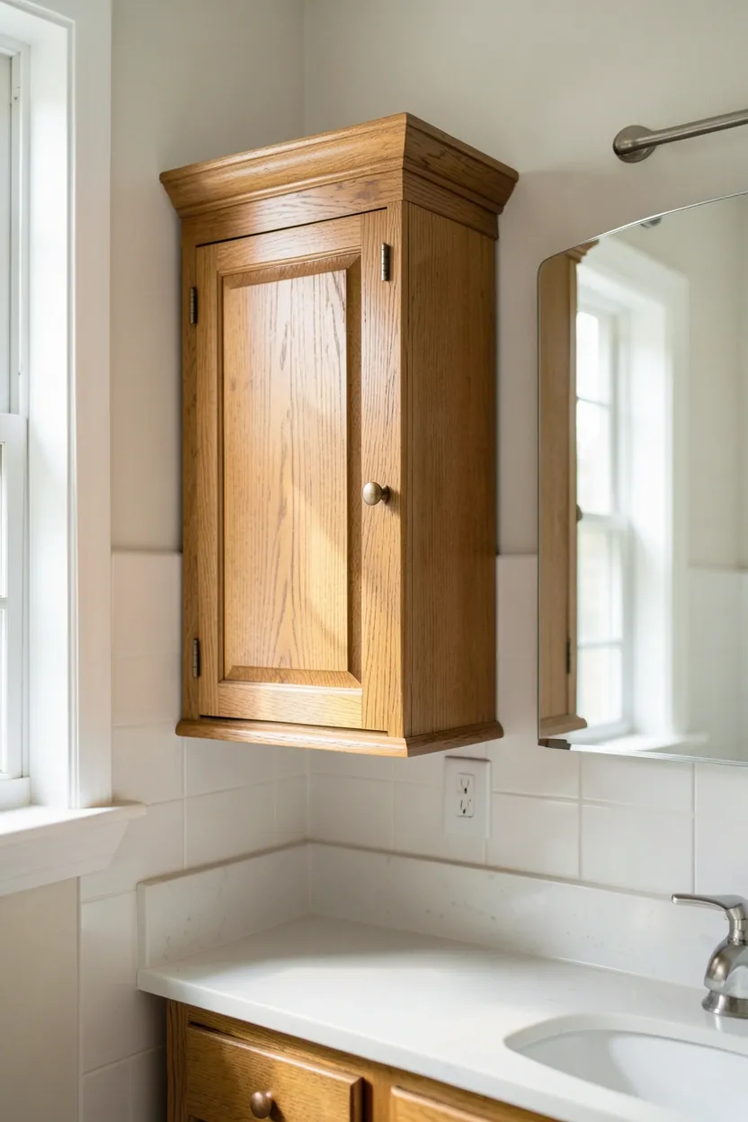 Rustic pallet wood accent wall behind a bathroom vanity with varied honey and brown tones, removable panel installation for apartment renters