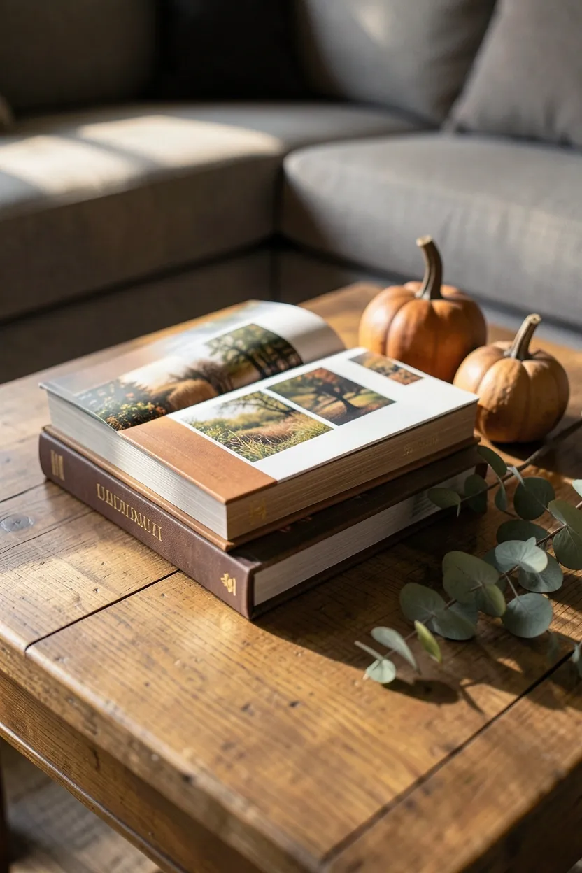 Hyper-realistic slightly elevated casual perspective of stack of three large coffee table books on wooden coffee table in living room. Books have wooden covers in varying natural wood tones with subtle gold foil titles. Top book slightly opened showing nature photography spread. Small ceramic pumpkin and dried eucalyptus branch arranged beside books. Warm morning light catches gold foil title and creates soft shadows on book spines. Part of sofa visible in background. Materials: wood, paper, ceramic, dried botanicals. Sophisticated styled mood. Sharp book cover and page details, shallow depth of field, curated composition. No text, no logos, no watermarks.