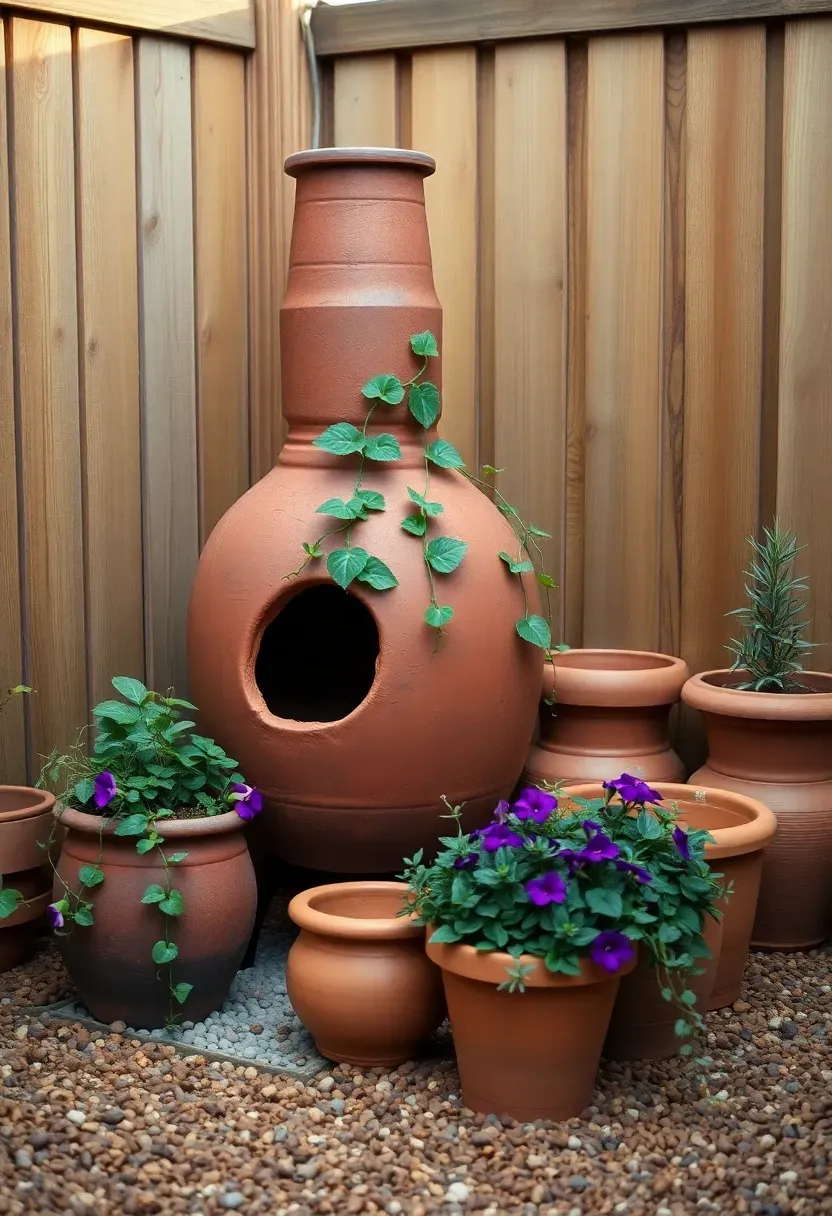 A clay chiminea in a backyard corner surrounded by terracotta pots with trailing plants and a small gravel area
