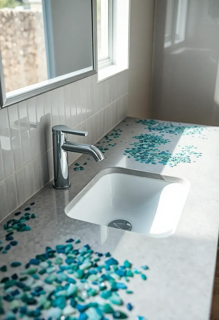 Recycled glass composite bathroom countertop with blue and green glass fragments visible in the surface