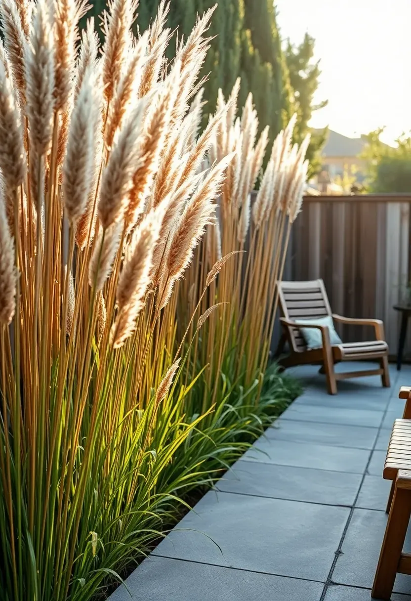 Tall ornamental grasses over six feet high forming a natural privacy border along the edge of a backyard patio