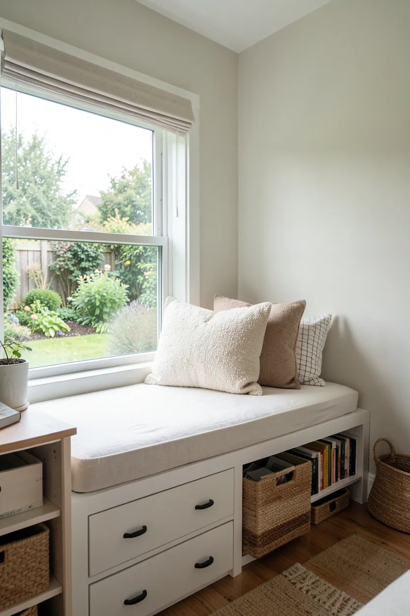 White built-in window seat with hidden storage and linen cushion beside sheer curtains in a scandinavian farmhouse bedroom