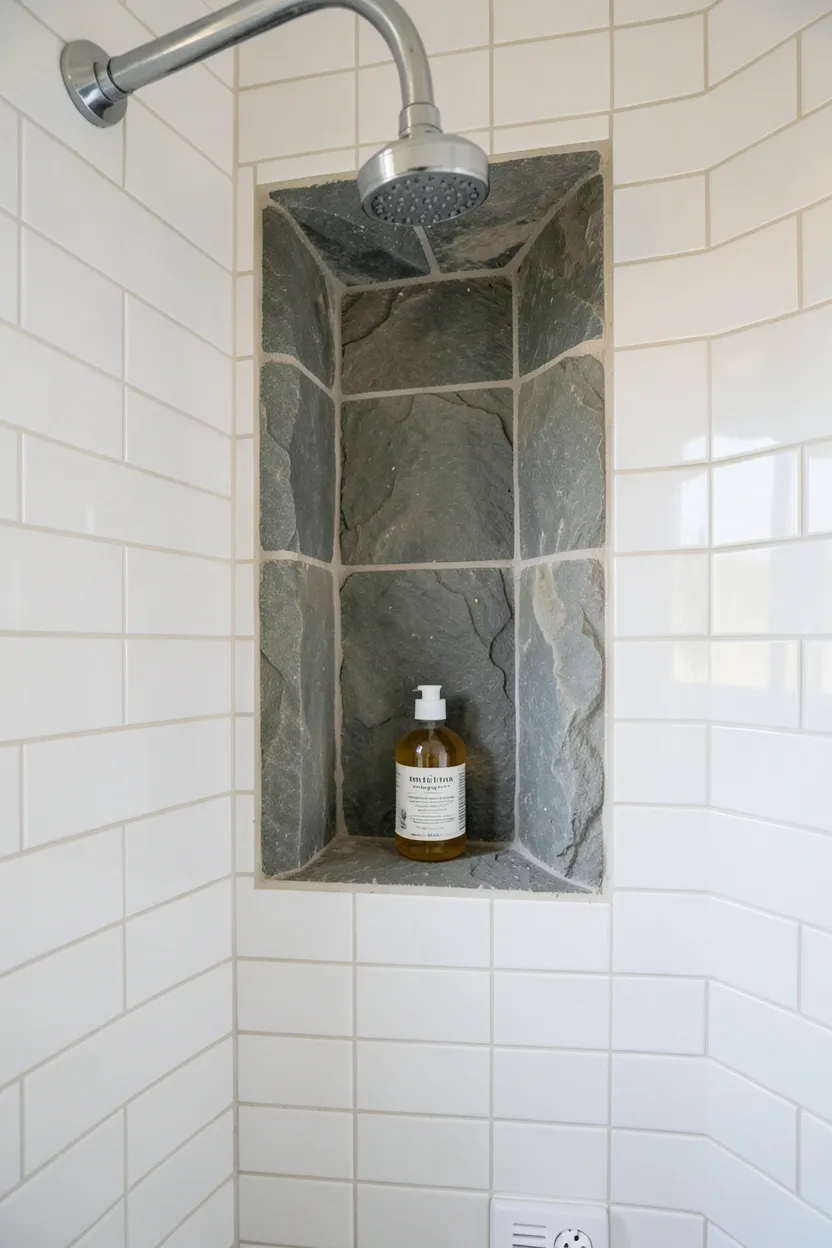 Hyper-realistic eye-level photograph of a rustic bathroom shower showing built-in tiled niche in natural slate stone with cleft texture, surrounded by white subway tile walls with white grout, chrome shower head, glass bottle of shampoo in niche. Natural light. Materials: natural slate stone, white ceramic tiles, chrome fixtures. Rustic stone shower niche. Cleft stone texture. No text, no logos, no watermarks.</p>