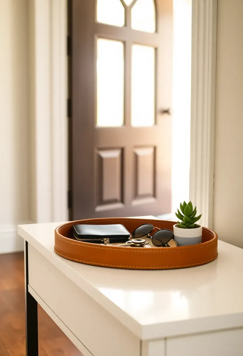Holiday festive round wooden tray with fresh pine sprigs arranged in a crescent, two faux red berry clusters, and a gold pillar candle at center