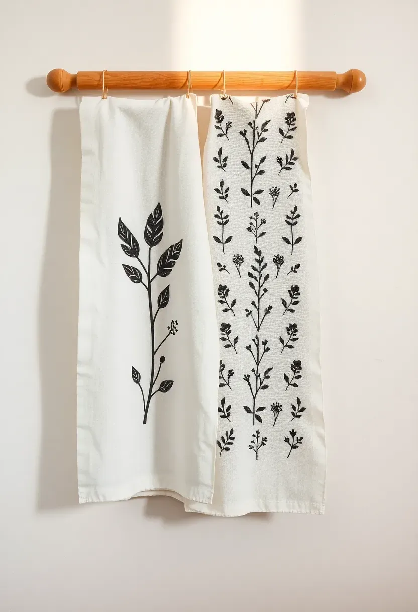 white linen tea towels with hand-stamped black botanical prints drying on a line