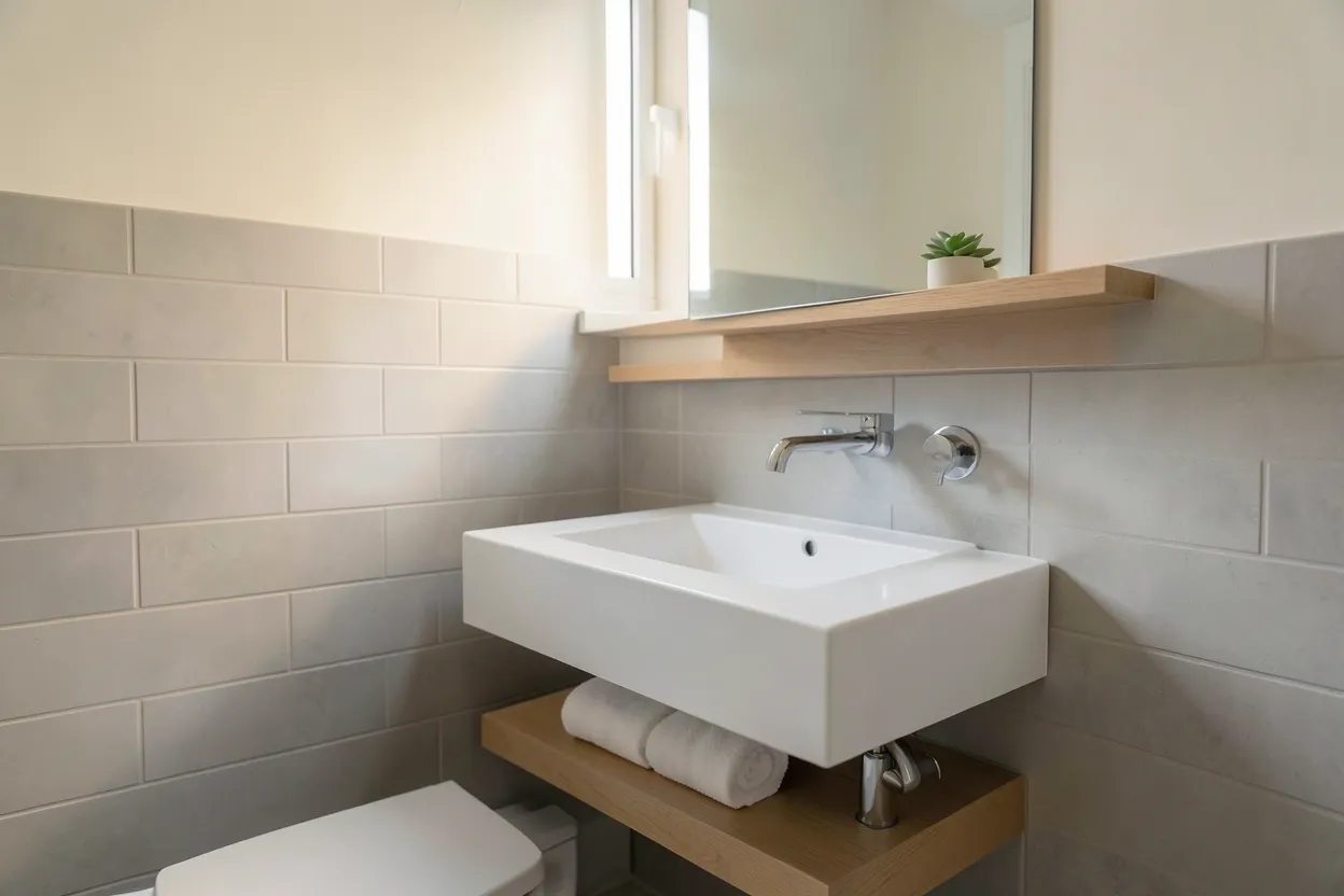 Small apartment bathroom with over-toilet shelving, floating shelves, and neutral decor — renter-friendly small space ideas