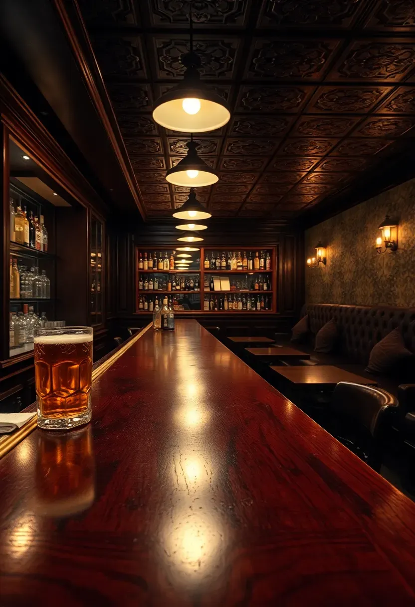 Full-scale tavern build in a finished basement with long hardwood bar, brass foot rail, back bar mirror with liquor display, booth seating, and tin ceiling tiles