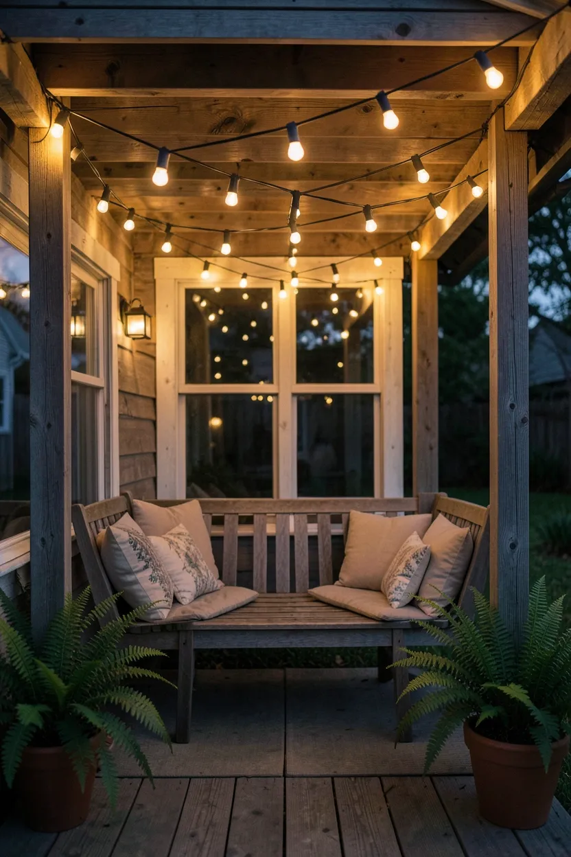Hyper-realistic slightly elevated photograph of back porch at twilight with warm white Edison bulb string lights crisscrossing overhead, wooden seating below with cushions, potted ferns in corners, soft golden glow creating intimate atmosphere. Natural twilight mixed with warm light. Materials: weather-resistant string lights, weathered wood, green plants. Magical ambient mood. Balanced composition, soft shadows. No text, no logos, no watermarks.