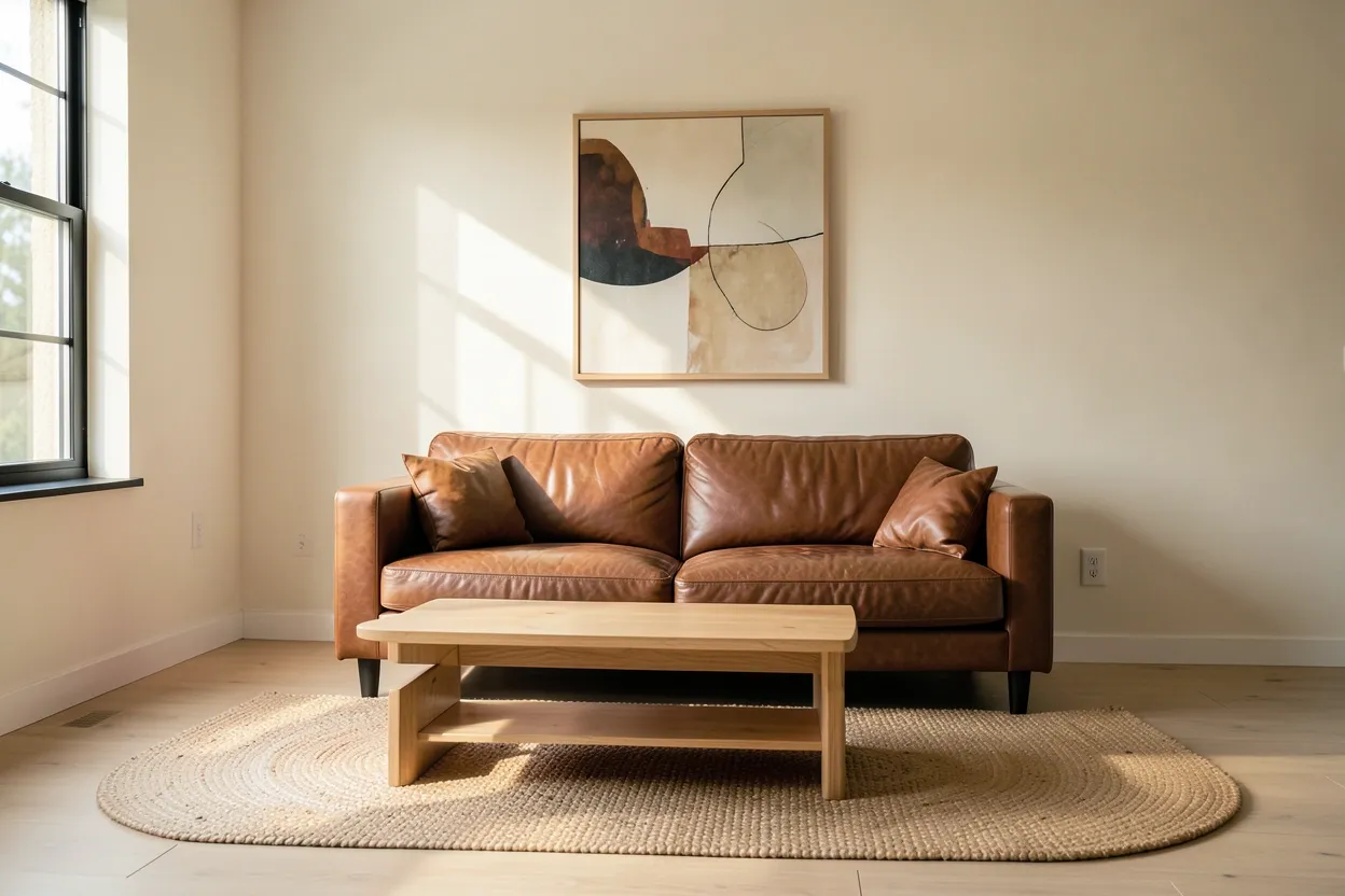 Bright minimalist living room with a brown couch, cream walls, and natural wood accents creating a warm, renter-friendly space